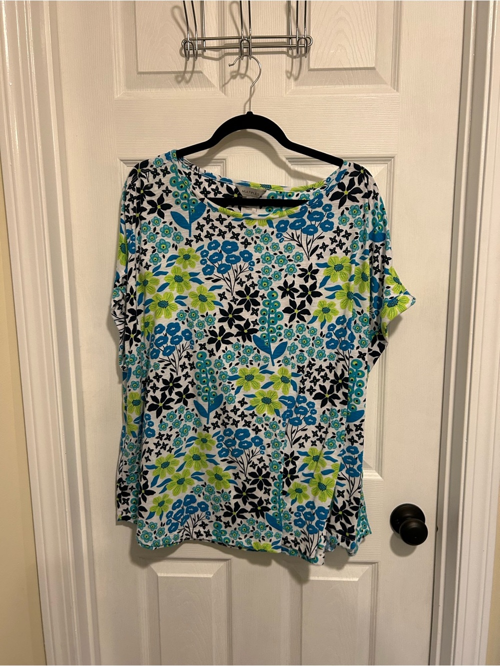 Multiples Blue & Green Floral Short-Sleeve Scoop Neck Top